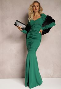 Renee - Zielona Sukienka Maxi z Ozdobnym Marszczeniem Jarnita. Kolor: zielony. Wzór: aplikacja. Typ sukienki: rozkloszowane. Styl: elegancki. Długość: maxi #2