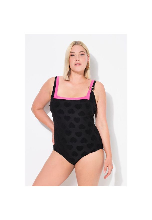 ULLA POPKEN - Damski Kostium kąpielowy serca dekolt karo miękkie miseczki. Kolekcja: plus size. Kolor: czarny. Materiał: poliamid, materiał, elastan