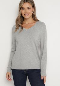 Born2be - Szary Klasyczny Sweter z Dodatkiem Bawełny i Wiskozy z Dekoltem w Serek Miabellea. Okazja: na co dzień. Typ kołnierza: dekolt w serek. Kolekcja: plus size. Kolor: szary. Materiał: bawełna, wiskoza. Styl: klasyczny #6
