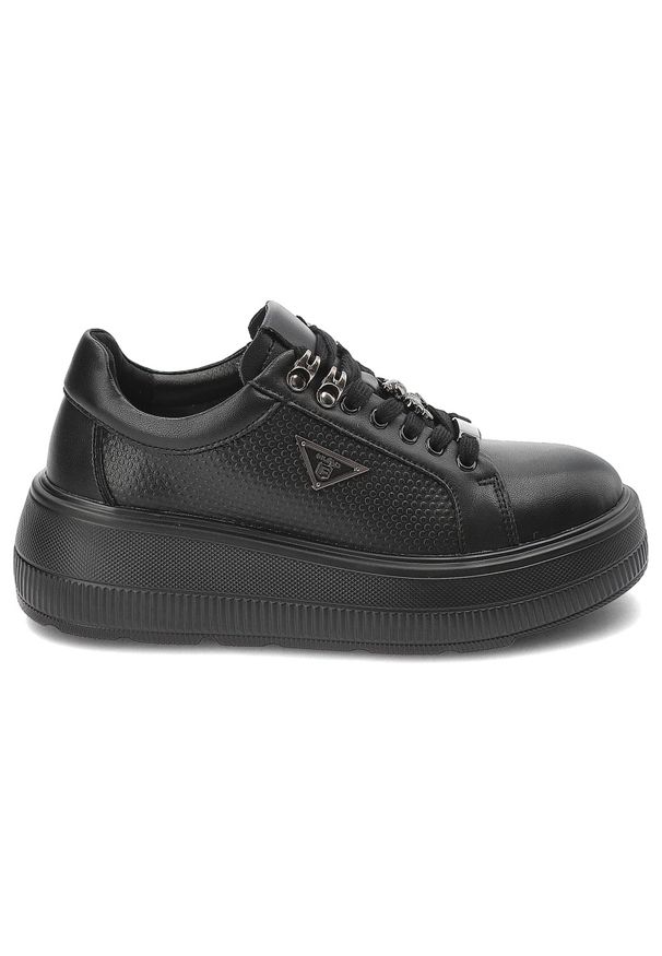 Czarne Sneakersy Filippo Modne Obuwie Damskie Na Platformie. Okazja: na co dzień, na spacer. Zapięcie: sznurówki. Kolor: czarny. Materiał: jeans, skóra. Obcas: na platformie. Styl: sportowy, elegancki, casual