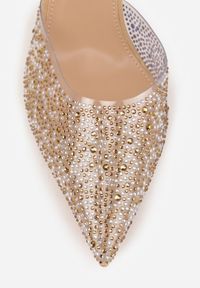 Renee - Ciemnobeżowe Szpilki z Odkrytą Piętą i Transparentnym Noskiem z Cyrkoniami Kalinata. Okazja: na co dzień. Kolor: beżowy. Materiał: jeans, koronka. Wzór: aplikacja. Obcas: na szpilce. Styl: casual, klasyczny, wizytowy #5