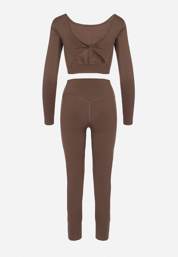 Born2be - Brązowy Komplet Sportowy Legginsy i Bluzka z Odkrytymi Plecami Dasalla. Kolor: brązowy