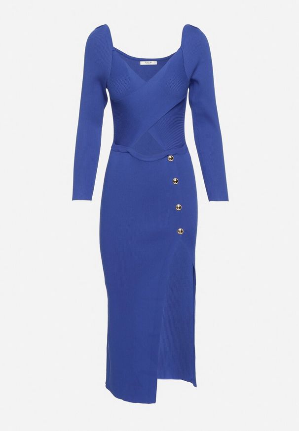 Born2be - Granatowa Sukienka z Wycięciem na Brzuchu z Ozdobnymi Guzikami i Rozcięciem na Dole Majanna. Okazja: na imprezę. Kolor: niebieski. Wzór: aplikacja. Typ sukienki: dopasowane. Długość: midi