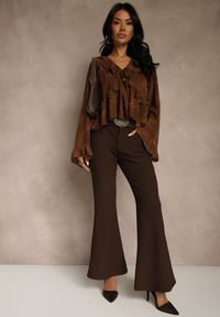 Renee - Brązowe Spodnie Flare z Wiskozy i Bawełny z Paskiem w Kowbojskim Stylu Tusiera. Kolor: brązowy. Materiał: bawełna, wiskoza. Wzór: haft. Styl: boho #4