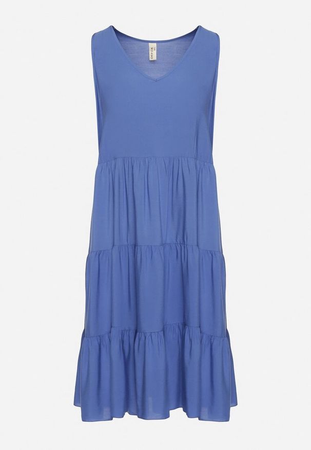 Born2be - Niebieska Rozkloszowana Sukienka z Bawełny na Ramiączkach Zasea. Okazja: na co dzień, na randkę. Typ kołnierza: dekolt w kształcie V. Kolor: niebieski. Materiał: bawełna. Długość rękawa: na ramiączkach. Styl: casual, elegancki