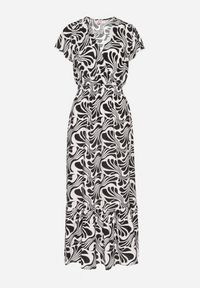 Born2be - Czarna Sukienka o Kopertowym Fasonie z Falbanką w Kwiatowy Wzór Flormoi. Okazja: na co dzień. Typ kołnierza: dekolt kopertowy, kołnierz z falbankami. Kolor: czarny. Materiał: jeans, materiał. Wzór: kwiaty. Sezon: wiosna, lato. Typ sukienki: kopertowe. Styl: casual, klasyczny #5