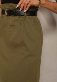 Renee - Zielona Bawełniana Spódnica High Waist z Rozcięciem Paskiem i Gumką w Talii Crisbella. Okazja: na co dzień. Stan: podwyższony. Kolor: zielony. Materiał: bawełna. Styl: casual, elegancki #2