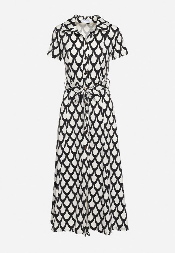 Born2be - Czarno-Biała Koszulowa Sukienka z Kołnierzem i Materiałowym Paskiem w Talii Vranea. Okazja: na co dzień. Typ kołnierza: dekolt w kształcie V. Kolor: czarny. Materiał: materiał. Typ sukienki: koszulowe. Styl: sportowy, casual, elegancki