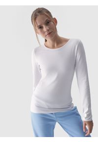 4f - Longsleeve slim gładki damski - biały. Okazja: na co dzień. Kolor: biały. Materiał: dzianina, bawełna, materiał, elastan, jersey. Długość rękawa: długi rękaw. Długość: długie. Wzór: gładki. Styl: casual, klasyczny, sportowy #1