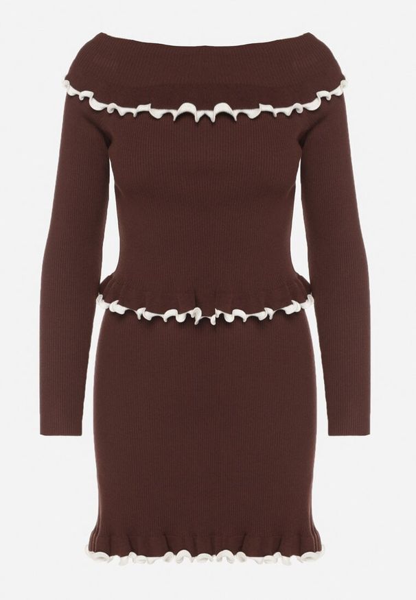 Born2be - Brązowy Dzianinowy Komplet z Wiskozą Spódnica i Bluzka z Odkrytymi Ramionami Zozfira. Kolor: brązowy. Materiał: dzianina, wiskoza