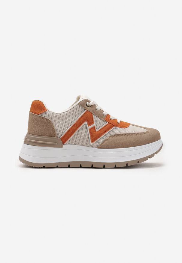 Renee - Brązowo-Pomarańczowe Sznurowane Sneakersy na Płaskiej Podeszwie z Metaliczną Wstawką i Brokatem Setraffia. Nosek buta: okrągły. Zapięcie: sznurówki. Kolor: brązowy. Materiał: materiał. Obcas: na płaskiej podeszwie. Wysokość obcasa: niski