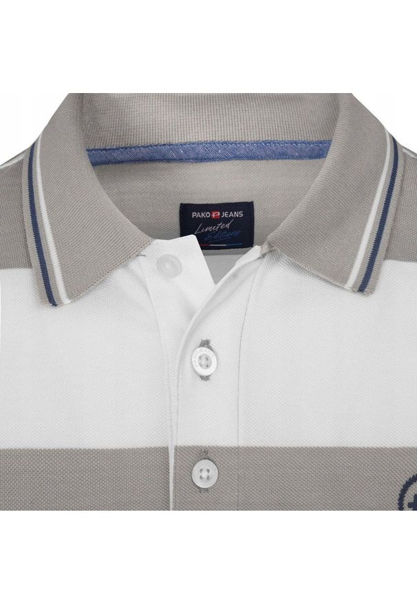 Koszulka Polo - Męska - Pako Jeans - Biało-Beżowe Pasy. Okazja: na co dzień. Typ kołnierza: polo. Kolor: brązowy, wielokolorowy, beżowy. Materiał: bawełna. Wzór: paski, prążki. Styl: casual
