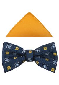 Modini - Granatowa mucha męska w żółte i błękitne kwiatki A213. Kolor: wielokolorowy, żółty, niebieski. Materiał: poliester, tkanina. Wzór: kwiaty. Styl: elegancki #1