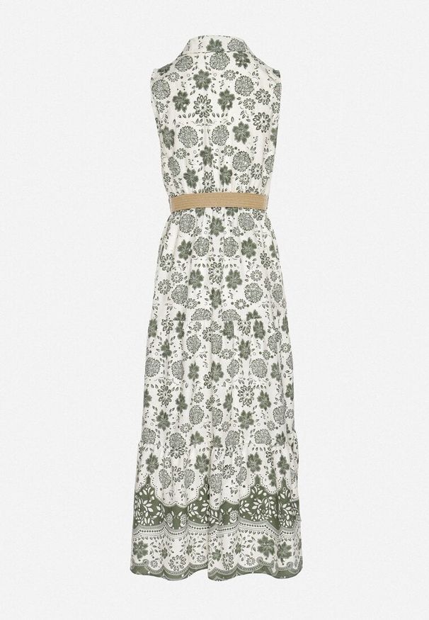 Born2be - Zielona Bawełniana Sukienka o Koszulowym Kroju Bez Rękawów z Paskiem Mirulenia. Okazja: na co dzień. Typ kołnierza: dekolt w kształcie V. Kolor: zielony. Materiał: bawełna. Długość rękawa: bez rękawów. Wzór: aplikacja, haft, kwiaty. Typ sukienki: koszulowe. Styl: casual