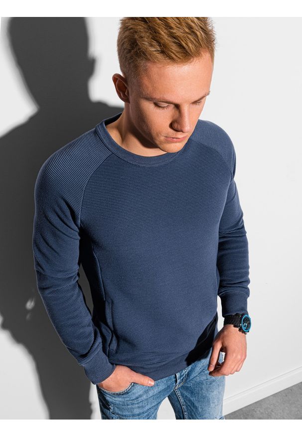 Ombre Clothing - Bluza męska bez kaptura B1156 - ciemnoniebieska - S. Typ kołnierza: bez kaptura. Kolor: niebieski. Materiał: bawełna, dresówka, dzianina, jeans, poliester
