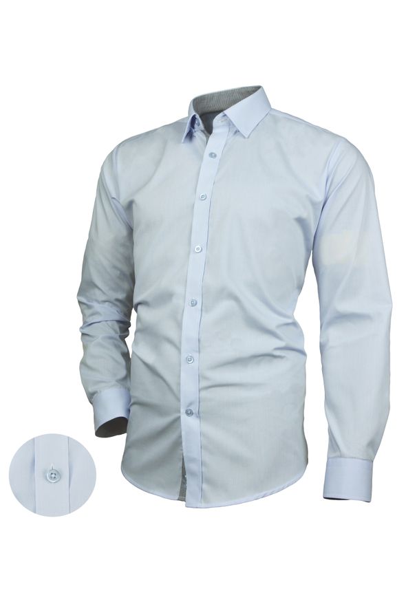 Desire - Wizytowa Koszula Męska z Długim Rękawem, Jednokolorowa, Zdobiony Kołnierzyk, SLIM-FIT. Kolor: niebieski. Materiał: poliester, bawełna. Długość rękawa: długi rękaw. Długość: długie. Wzór: aplikacja. Styl: wizytowy