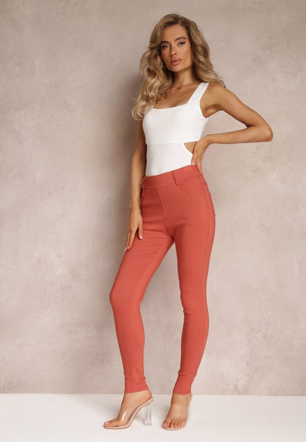 Renee - Pomarańczowe Spodnie Skinny z Talią High Waist Malga. Stan: podwyższony. Kolor: pomarańczowy. Długość: długie