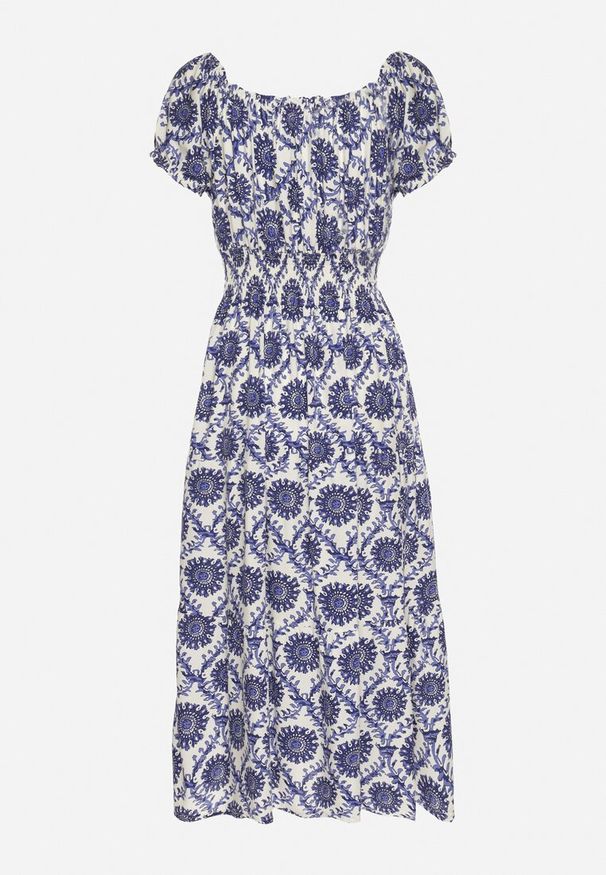 Born2be - Niebieska Sukienka z Bawełną i Bufiastymi Rękawami Revilee. Okazja: na co dzień, na spacer. Kolor: niebieski. Materiał: bawełna. Wzór: aplikacja. Styl: casual, elegancki