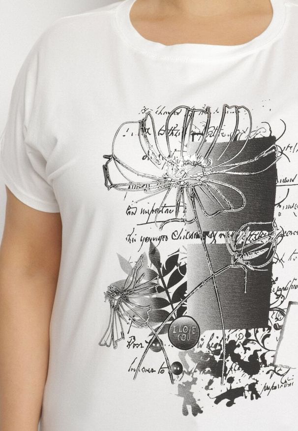Born2be - Biały Bawełniany T-shirt z Metalicznym Nadrukiem Farilna. Okazja: na co dzień. Kolor: biały. Materiał: bawełna. Wzór: nadruk. Styl: casual
