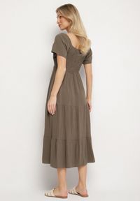 Born2be - Ciemnozielona Sukienka z Wiskozą Lnem i Elastyczną Górą Ellisena. Okazja: na co dzień, na spacer. Kolor: zielony. Materiał: len, wiskoza. Typ sukienki: proste. Styl: klasyczny, casual, elegancki #3