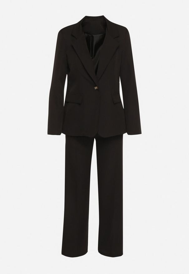 Born2be - Czarny Komplet Garniturowy z Wiskozą Marynarka na Guzik i Szerokie Spodnie Tevora. Kolor: czarny. Materiał: wiskoza. Wzór: aplikacja