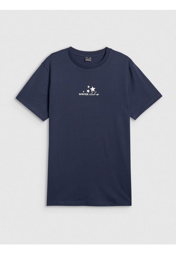 4f - 4F T-shirt oversize z nadrukiem damski - granatowy M. Okazja: na co dzień. Kolor: niebieski. Materiał: dzianina. Wzór: nadruk. Styl: casual