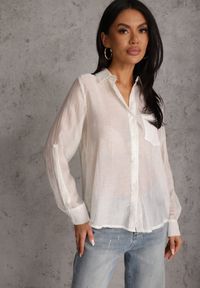 Renee - Jasnobeżowa Prześwitująca Koszula z Cyrkoniami Arialle. Okazja: na co dzień. Kolor: beżowy. Materiał: jeans. Styl: casual #8