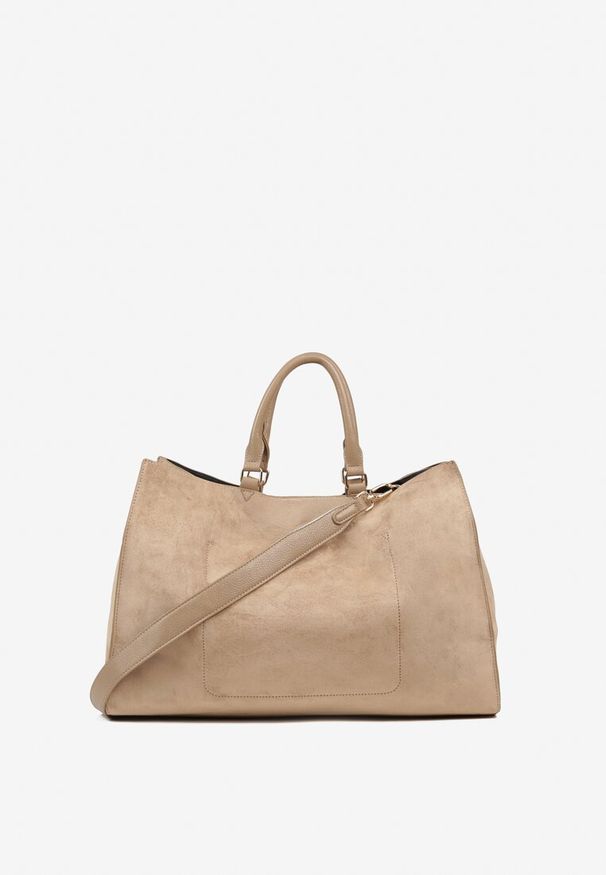 Renee - Beżowa Torebka Typu Shopper z Imitacji Zamszu z Rączkami i Paskiem Crossbody Temige. Kolor: beżowy. Materiał: zamszowe. Styl: klasyczny, biznesowy, casual, elegancki