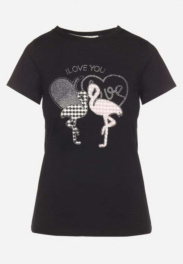 Born2be - Czarny T-shirt z Bawełny z Cyrkoniami i Nadrukiem Listebia. Okazja: na co dzień. Kolor: czarny. Materiał: bawełna. Wzór: nadruk. Styl: klasyczny, casual
