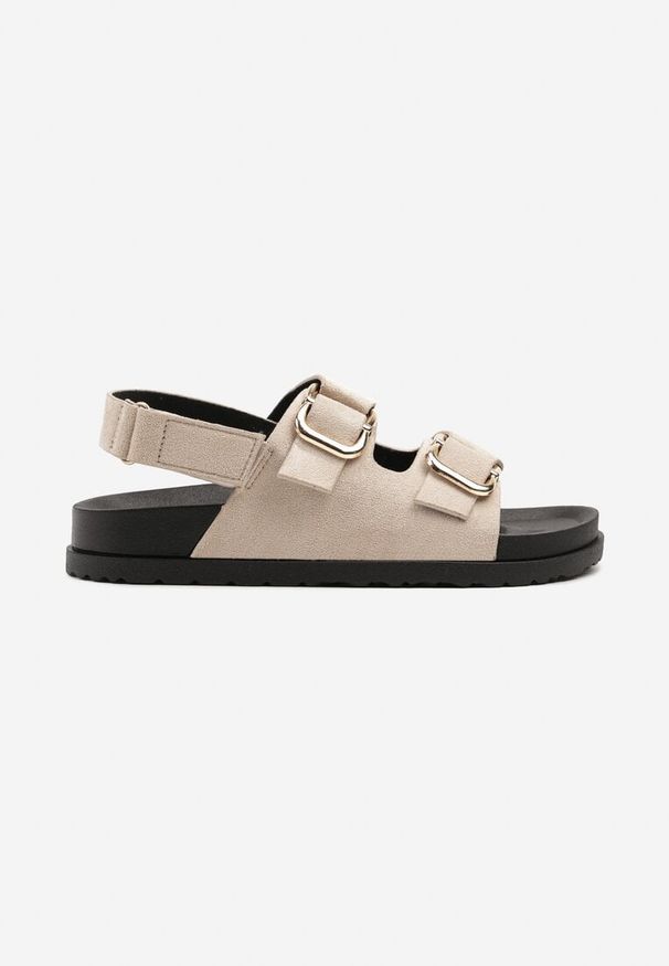 Born2be - Beżowe Sandały z Ozdobnymi Klamrami i Paskiem na Rzep Nurimaya. Okazja: na spacer. Zapięcie: klamry. Kolor: beżowy. Materiał: jeans. Styl: elegancki
