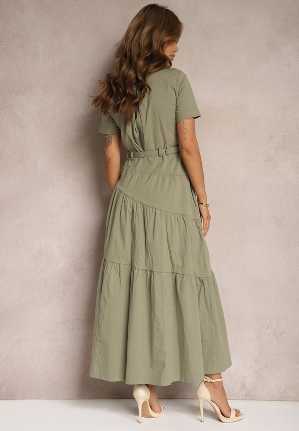 Renee - Zielona Bawełniana Sukienka o Rozkloszowana Zwężana w Talii Nenefia. Okazja: na co dzień. Kolor: zielony. Materiał: bawełna. Styl: casual