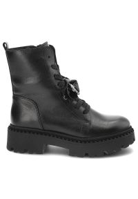 Czarne Botki Karino Skórzane Eleganckie Buty Damskie. Kolor: czarny. Materiał: skóra. Szerokość cholewki: normalna. Wzór: aplikacja. Styl: elegancki