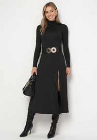 Born2be - Czarna Sukienka z Półgolfem Taliowana z Rozcięciem na Boku Sailea. Okazja: na co dzień. Kolor: czarny. Długość rękawa: długi rękaw. Styl: klasyczny, casual, elegancki #3