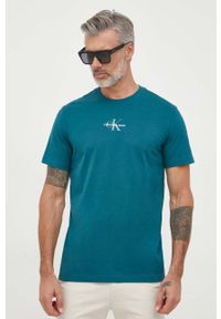 Calvin Klein Jeans t-shirt bawełniany kolor turkusowy z nadrukiem. Kolor: turkusowy. Materiał: bawełna. Wzór: nadruk. Styl: klasyczny #5