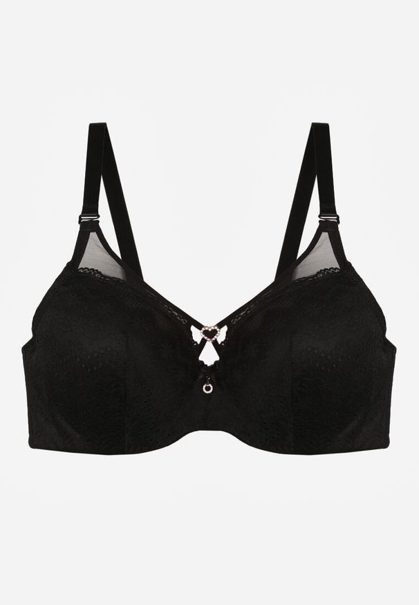 Born2be - Czarny Koronkowy Biustonosz Ozdobiony Cyrkoniowym Sercem Galirope. Kolor: czarny. Materiał: koronka. Wzór: aplikacja