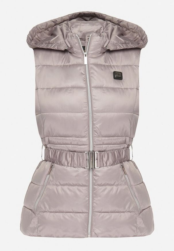 Born2be - Szara Pikowana Kamizelka z Odpinanym Kapturem Marszczonym Paskiem i Metaliczną Klamrą Inessae. Kolor: szary. Materiał: jeans. Sezon: jesień, wiosna. Styl: klasyczny, elegancki