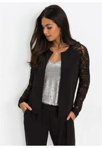bonprix - Żakiet z koronkowymi rękawami. Kolor: czarny. Materiał: koronka. Długość rękawa: długi rękaw. Długość: długie. Wzór: koronka #1
