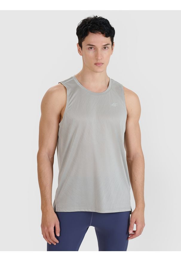 4f - 4F Tank top do biegania regular szybkoschnący męski - szary M. Kolor: szary. Materiał: dzianina, włókno, syntetyk, materiał. Długość rękawa: bez rękawów. Długość: krótkie. Wzór: ze splotem. Sport: fitness, bieganie