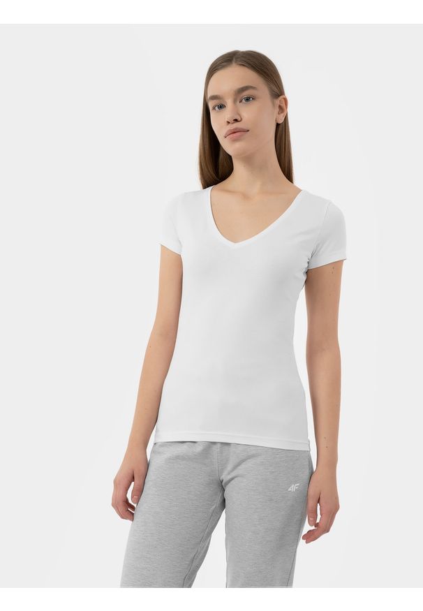 4f - T-shirt slim gładki damski. Kolor: biały. Materiał: bawełna, elastan. Wzór: gładki