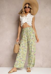 Renee - Jasnozielone Szerokie Spodnie z Bawełny z Gumką w Talii Axnalia. Kolor: zielony. Materiał: bawełna. Sezon: lato