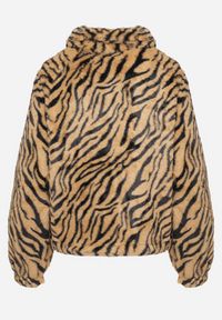 Born2be - Beżowa Futrzana Kurtka w Zebrę o Prostym Kroju ze Ściągaczem i Kieszeniami Velsomi. Kolor: brązowy. Materiał: futro. Wzór: motyw zwierzęcy. Styl: elegancki #5