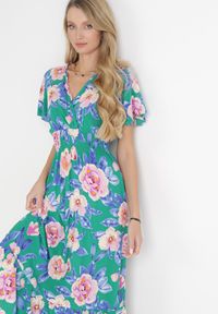 Born2be - Zielona Sukienka Maxi z Kopertowym Dekoltem i Gumkami w Pasie Kelsi. Typ kołnierza: dekolt kopertowy. Kolor: zielony. Długość rękawa: krótki rękaw. Sezon: wiosna, lato. Typ sukienki: kopertowe. Długość: maxi #2