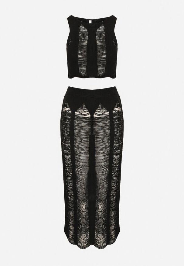 Born2be - Czarny 2-Częściowy Komplet Plażowy z Rozcięciami Top i Spódnica Cyrida. Kolor: czarny