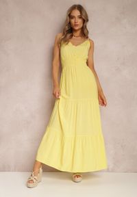 Renee - Żółta Sukienka Egithoe. Kolor: żółty. Długość rękawa: na ramiączkach. Wzór: ażurowy, jednolity, aplikacja. Długość: midi #1