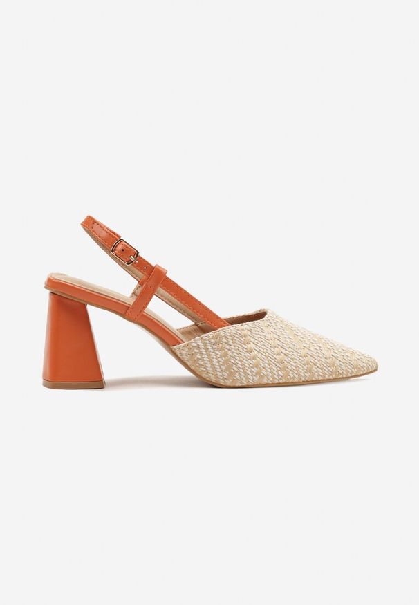 Renee - Beżowo-Pomarańczowe Sandały na Słupku Typu Slingback Ozdobione Plecionką Koralisa. Okazja: na co dzień. Zapięcie: sprzączka. Kolor: pomarańczowy. Materiał: jeans. Wzór: aplikacja. Obcas: na słupku. Styl: klasyczny, elegancki, casual