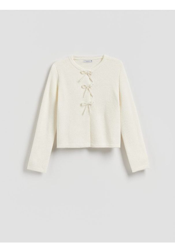Reserved - Kardigan z kokardkami - kremowy. Typ kołnierza: kokarda. Kolor: kremowy. Materiał: dzianina, wełna