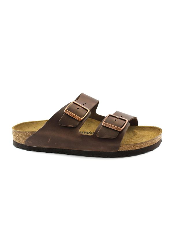 Klapki unisex Birkenstock Arizona. Okazja: na co dzień. Zapięcie: bez zapięcia. Kolor: brązowy. Materiał: skóra, syntetyk, materiał. Szerokość cholewki: normalna. Sport: turystyka piesza
