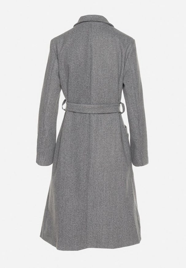 Born2be - Ciemnoszary Płaszcz Dwurzędowy z Paskiem Caeyle. Kolor: szary. Materiał: tkanina. Długość rękawa: długi rękaw. Długość: długie. Sezon: zima, jesień. Styl: klasyczny