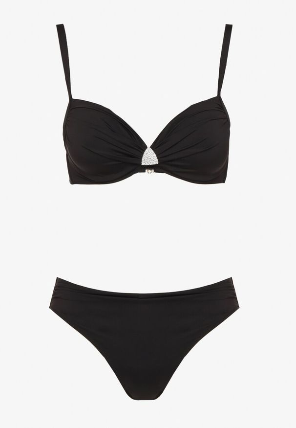 Born2be - Czarne Bikini Biustonosz z Trójkątną Ozdobą i Majtki Typu Figi Natisalia. Kolor: czarny. Wzór: aplikacja