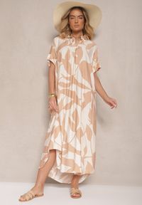 Renee - Brązowa Rozkloszowana Sukienka w Abstrakcyjny Wzór z Bawełną Telianiela. Typ kołnierza: dekolt w serek. Kolor: brązowy. Materiał: bawełna. Długość rękawa: krótki rękaw. Sezon: lato